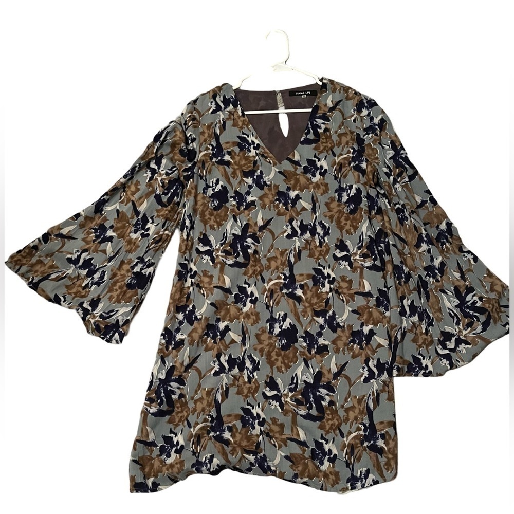 Sugar Lips blue grey brown floral print v neck Dress with bell sleeves size M